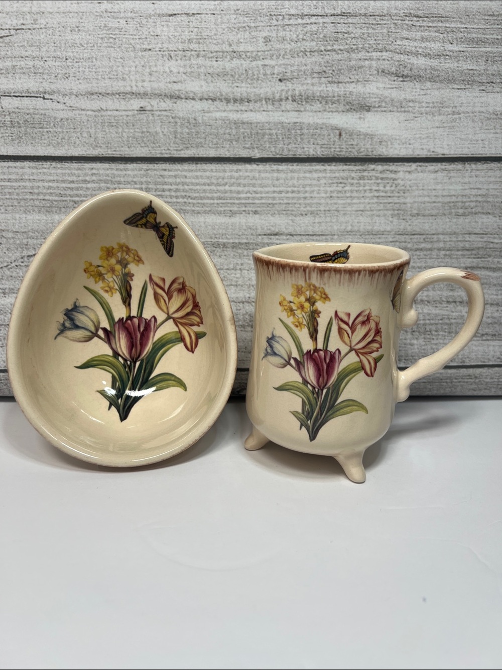 Floral Butterfly Footed Mug & Bowl Set Cottagecore Botanical Tulip Vintage